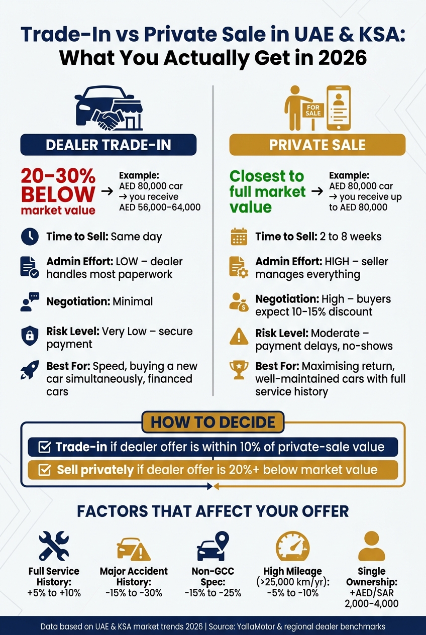 Trade-In vs Private Sale in UAE & KSA: What You Actually Get in 2026