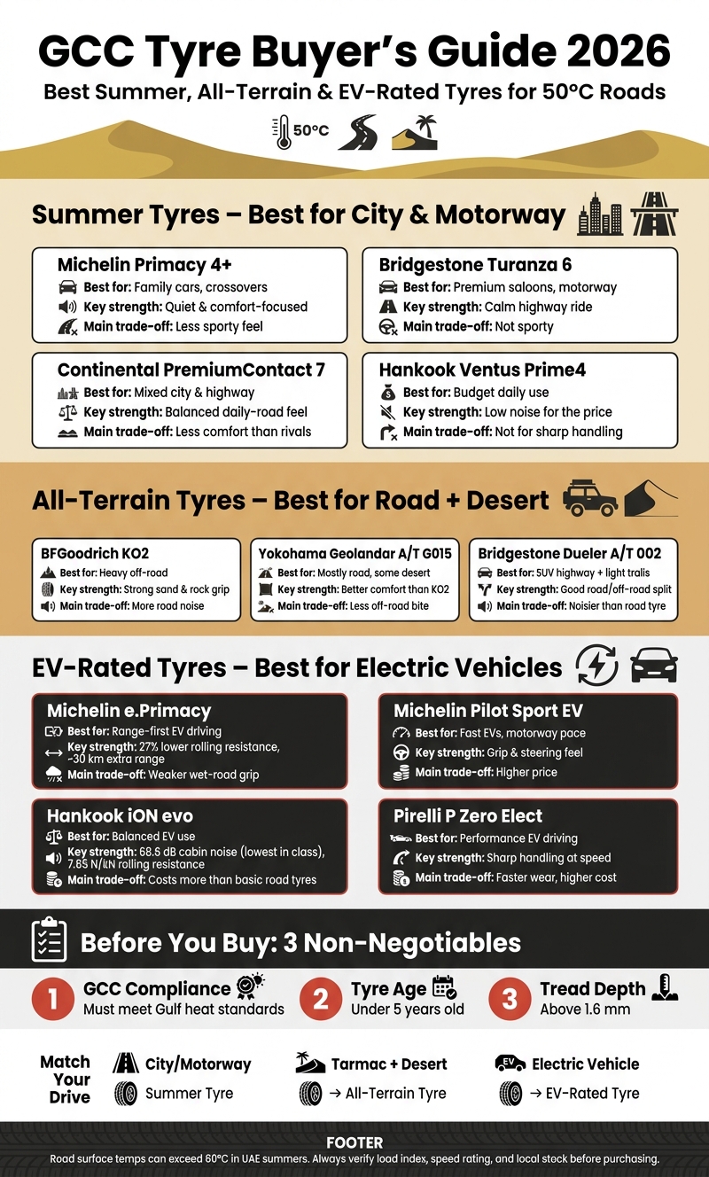 GCC Tyre Buyer's Guide 2026: Best Tyres for UAE Roads at a Glance