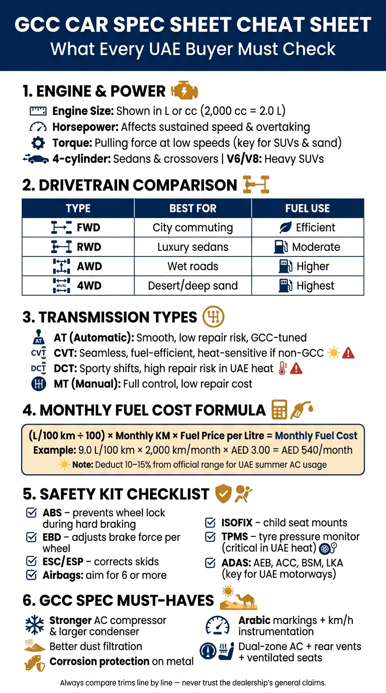 GCC Car Spec Sheet Cheat Sheet: What Every UAE Buyer Must Check