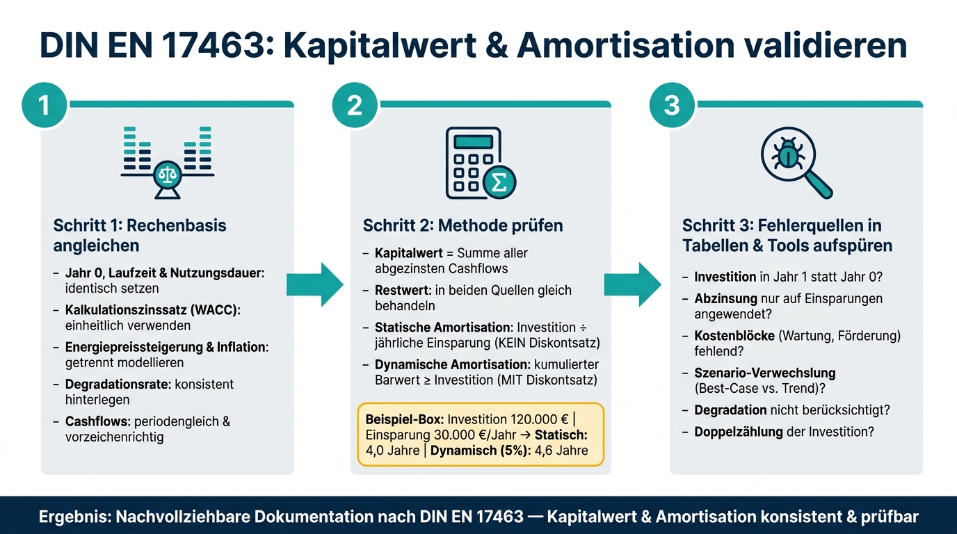 DIN EN 17463 Validierung: 3-Schritte-Pr&uuml;fprozess f&uuml;r Kapitalwert & Amortisation