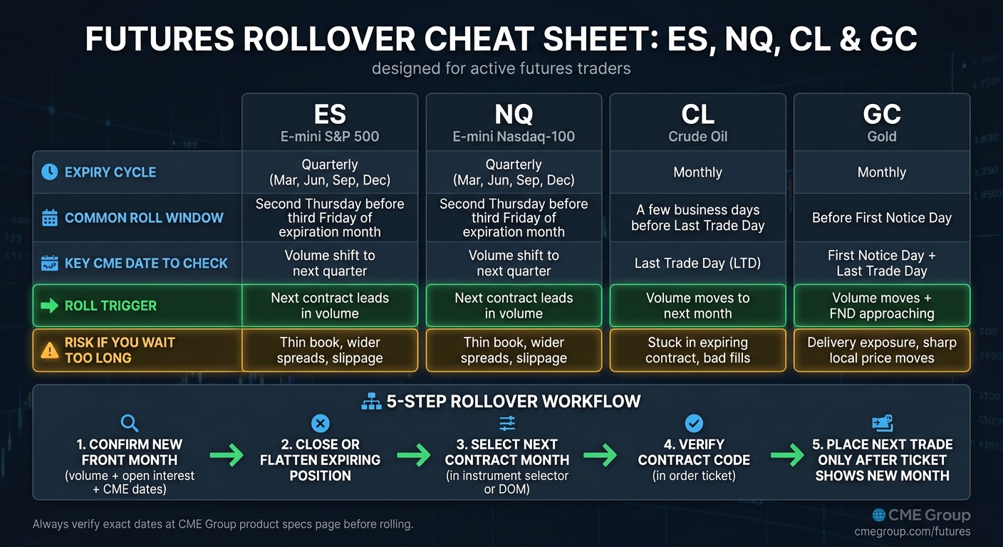 Futures Rollover Cheat Sheet: ES, NQ, CL & GC