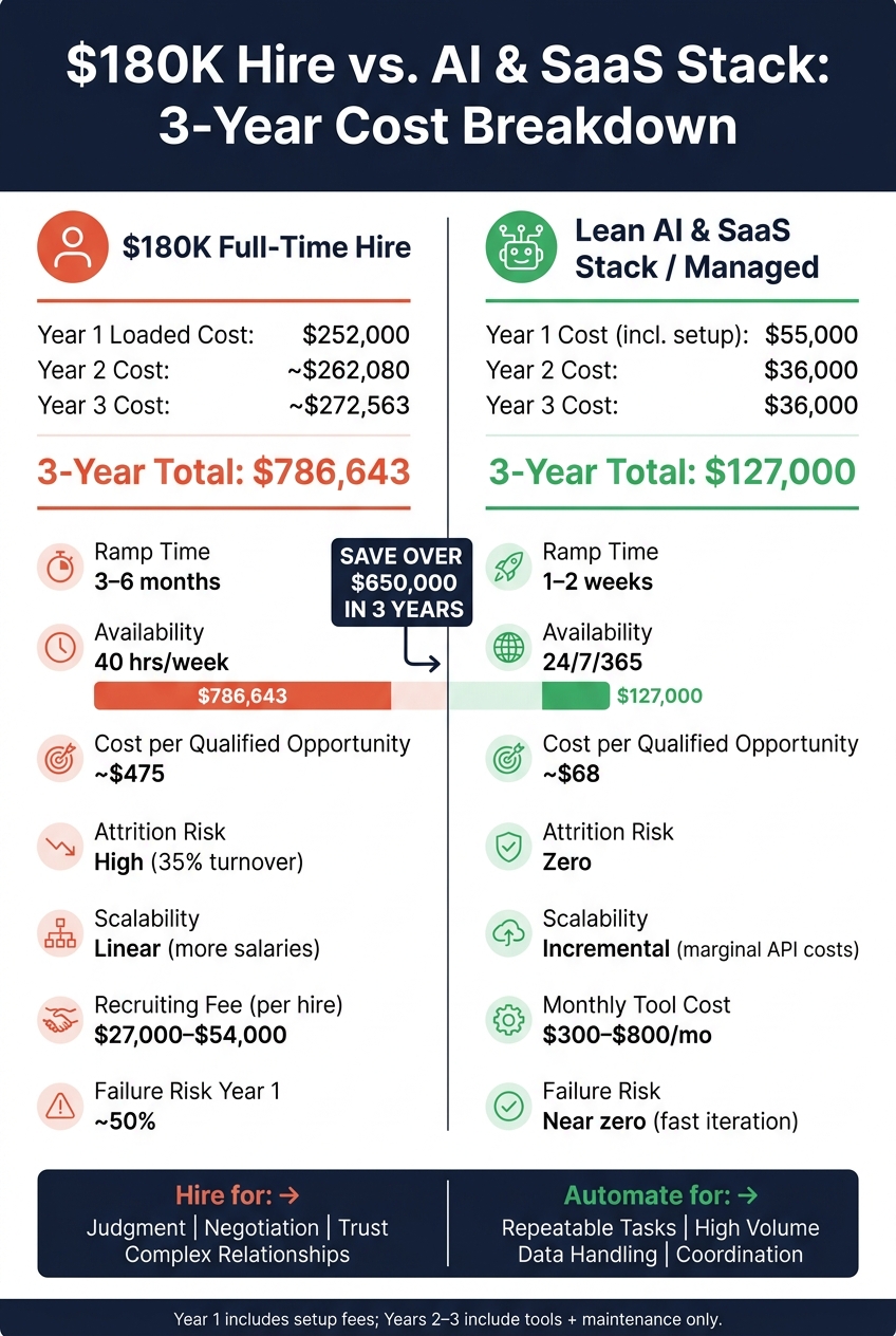 $180K Hire vs. AI & SaaS Stack: 3-Year Cost Breakdown