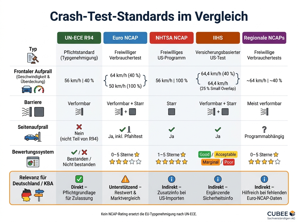 Crash-Test-Standards im Vergleich: UN-ECE, Euro NCAP, NHTSA, IIHS & regionale NCAPs