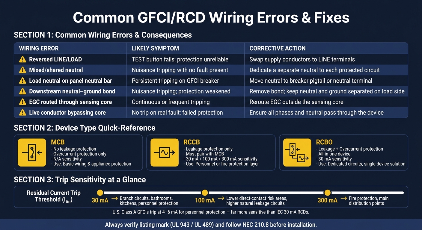 GFCI vs RCD: U.S. Wiring Errors, Device Types & Trip Ratings Explained