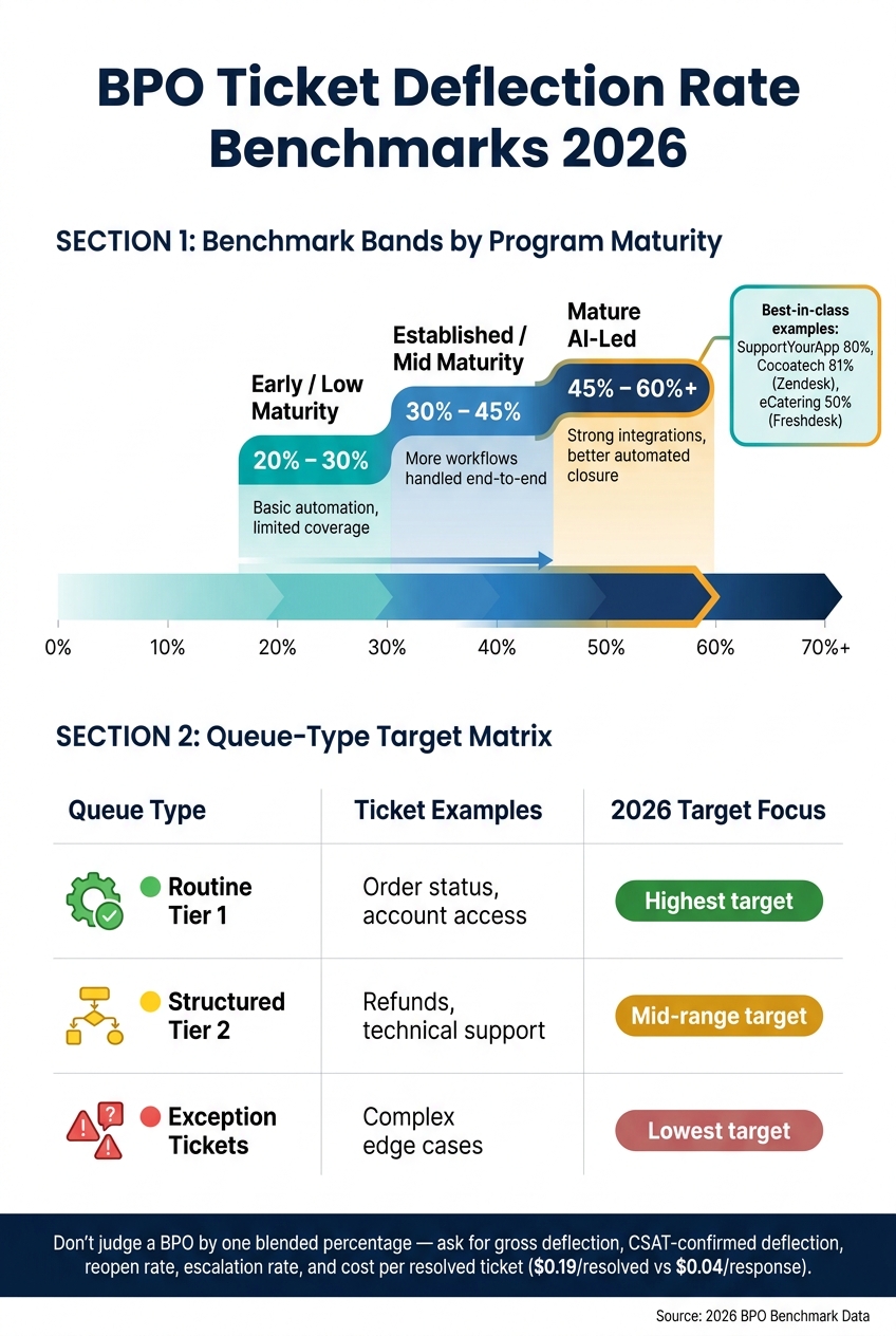 BPO Ticket Deflection Rate Benchmarks 2026: By Program Maturity & Queue Type