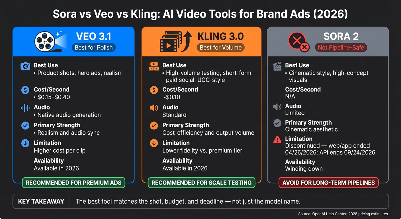 Sora vs Veo vs Kling: AI Video Tool Comparison for Brand Ads (2026)