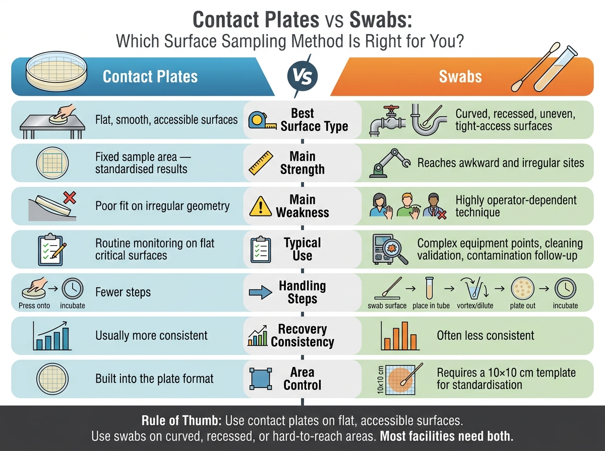 Contact Plates vs Swabs: Surface Sampling Method Comparison