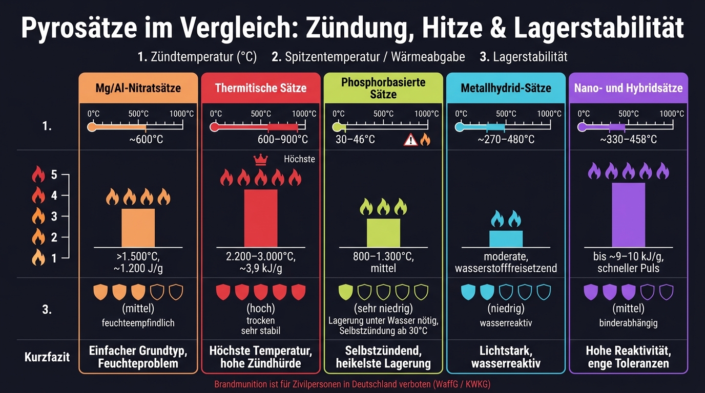 Pyrotechnic compositions compared: Ignition, Heat & Storage Stability