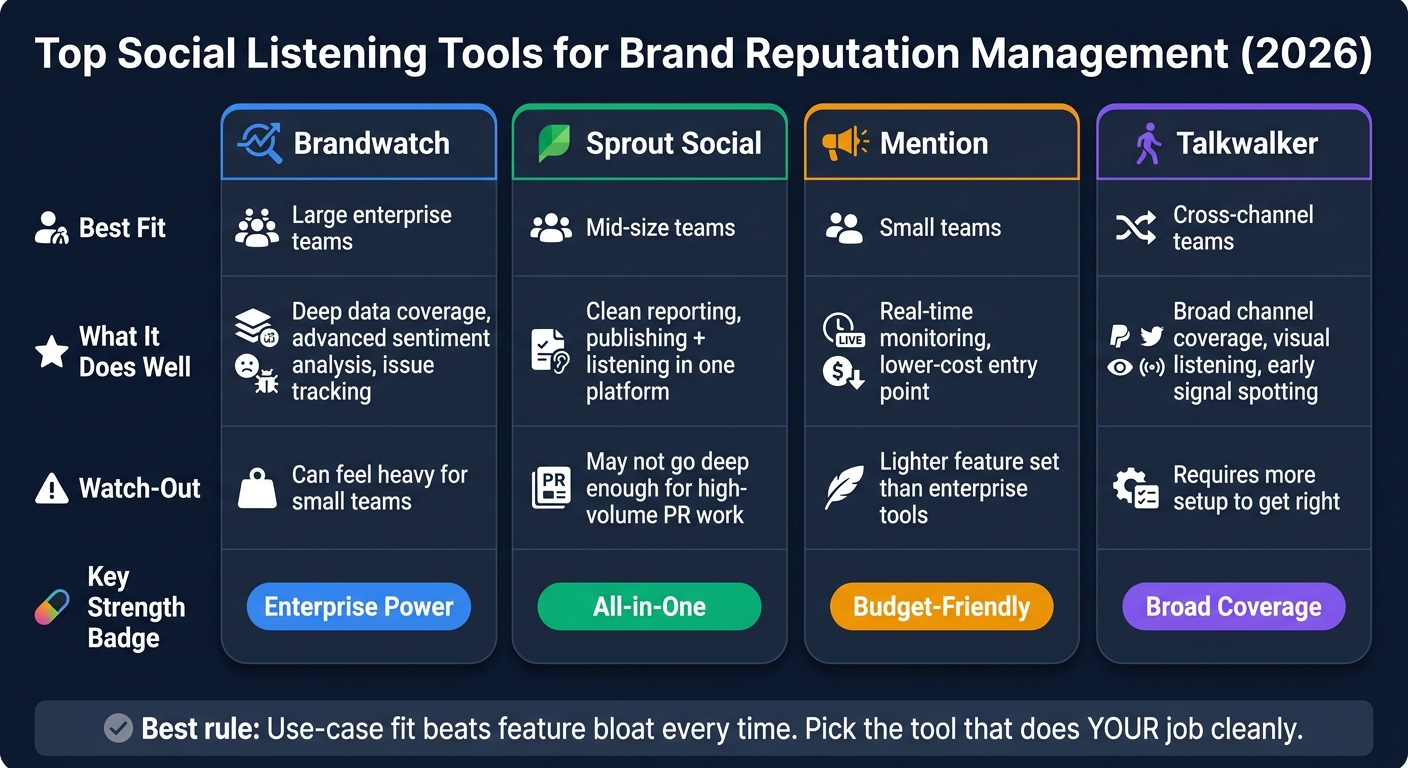 Top Social Listening Tools Compared: Brandwatch vs Sprout Social vs Mention vs Talkwalker (2026)