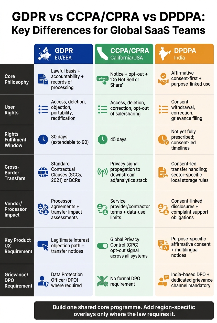 GDPR vs CCPA/CPRA vs DPDPA: Key Differences for Global SaaS Teams