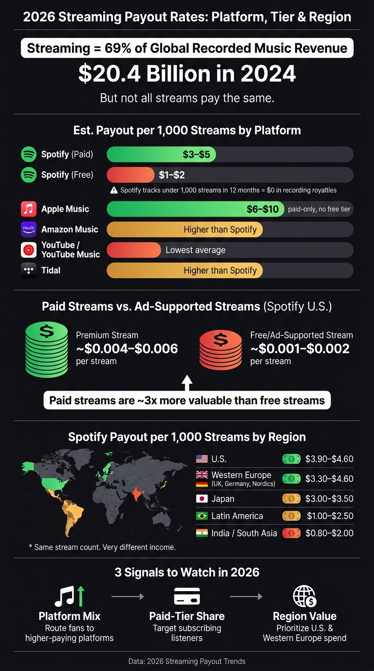 2026 Streaming Payout Rates by Platform, Tier & Region