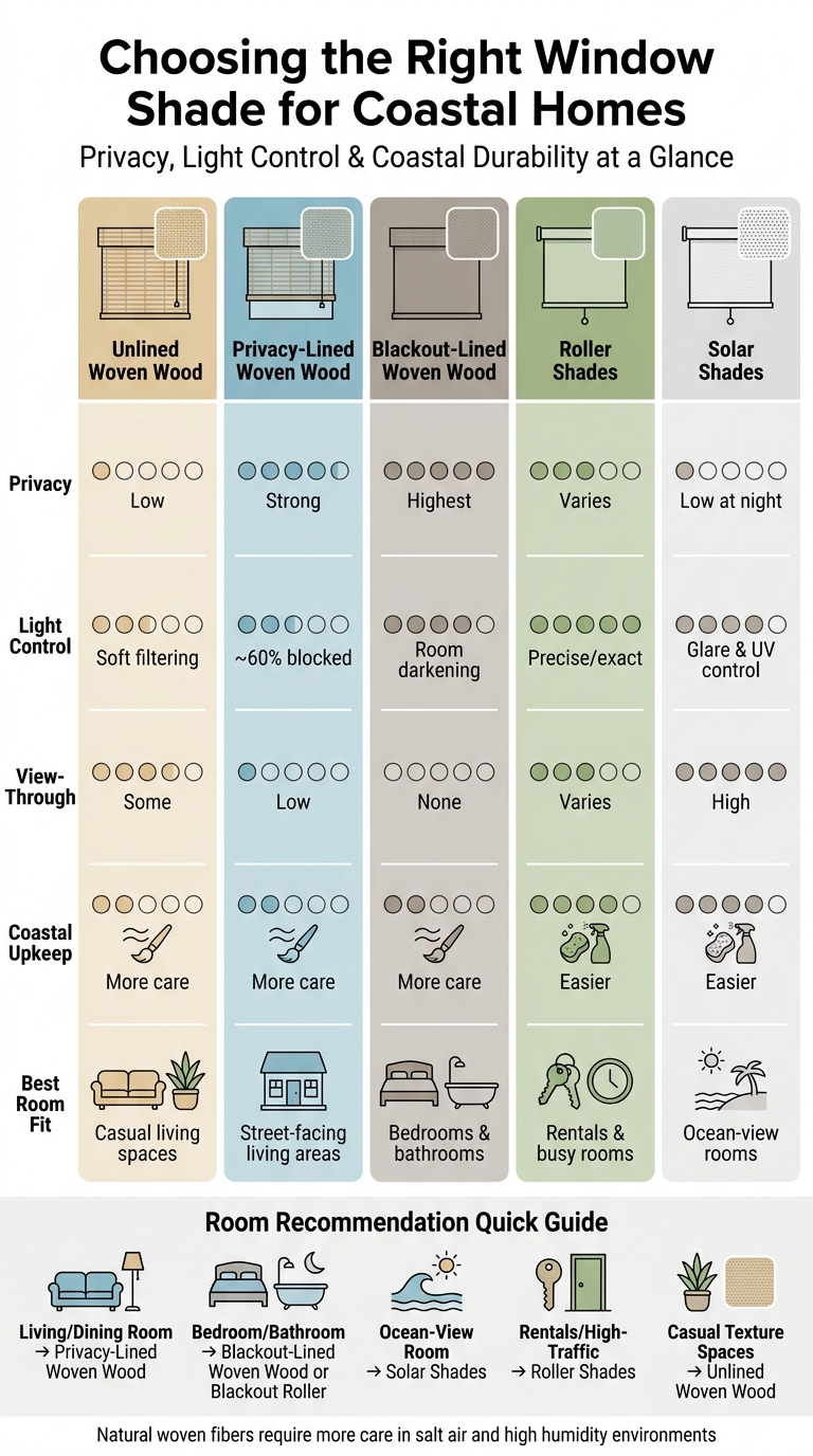 Woven Wood vs. Roller vs. Solar Shades: Coastal Home Comparison Guide
