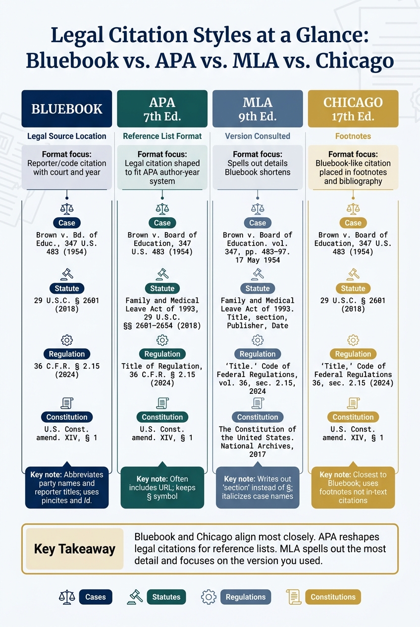 Legal Citation Styles Compared: Bluebook, APA, MLA & Chicago