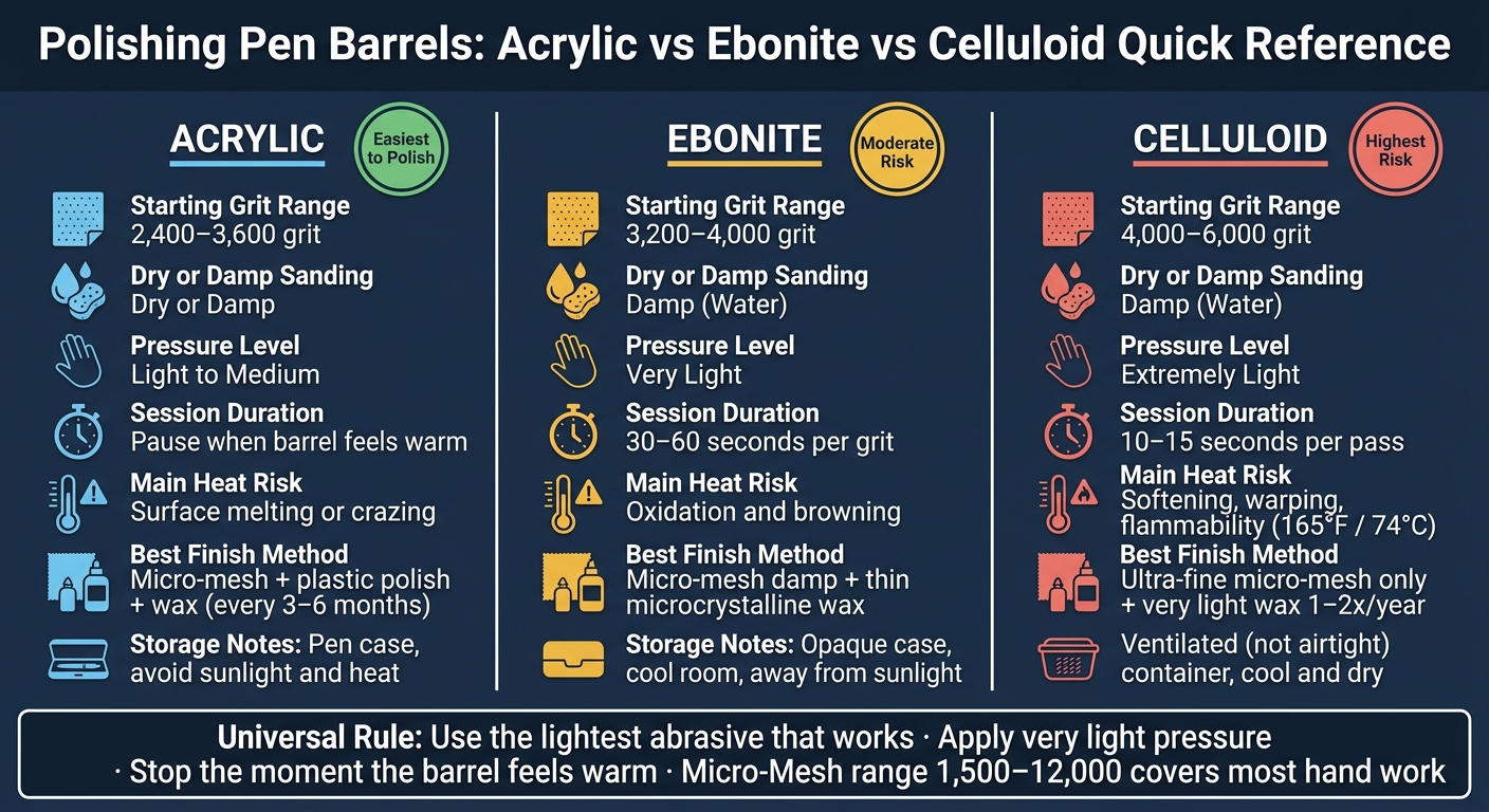 Acrylic vs Ebonite vs Celluloid: Pen Polishing Quick Reference Guide