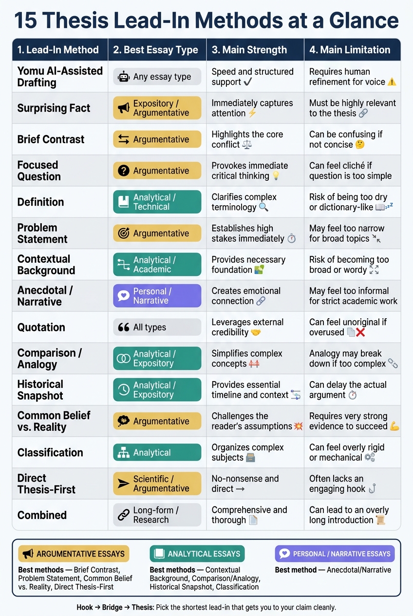 15 Thesis Lead-In Methods: Quick Comparison Guide