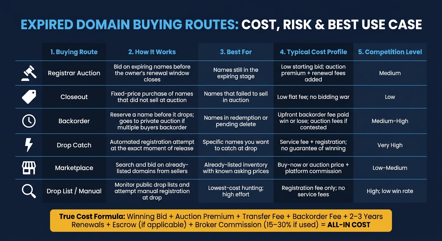 Expired Domain Buying Routes: Cost, Risk & Best Use Case