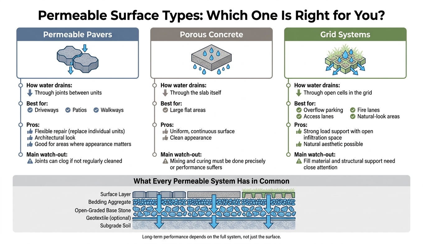 Permeable Surface Types Compared: Pavers vs. Porous Concrete vs. Grid Systems