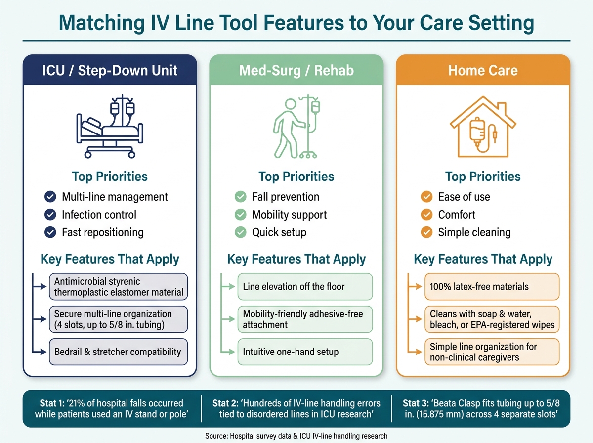 Ergonomic IV Line Tool Features: Care Setting Match Guide