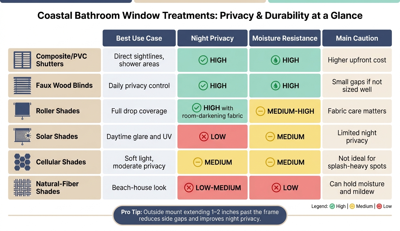 Coastal Bathroom Window Treatments: Privacy & Durability Comparison
