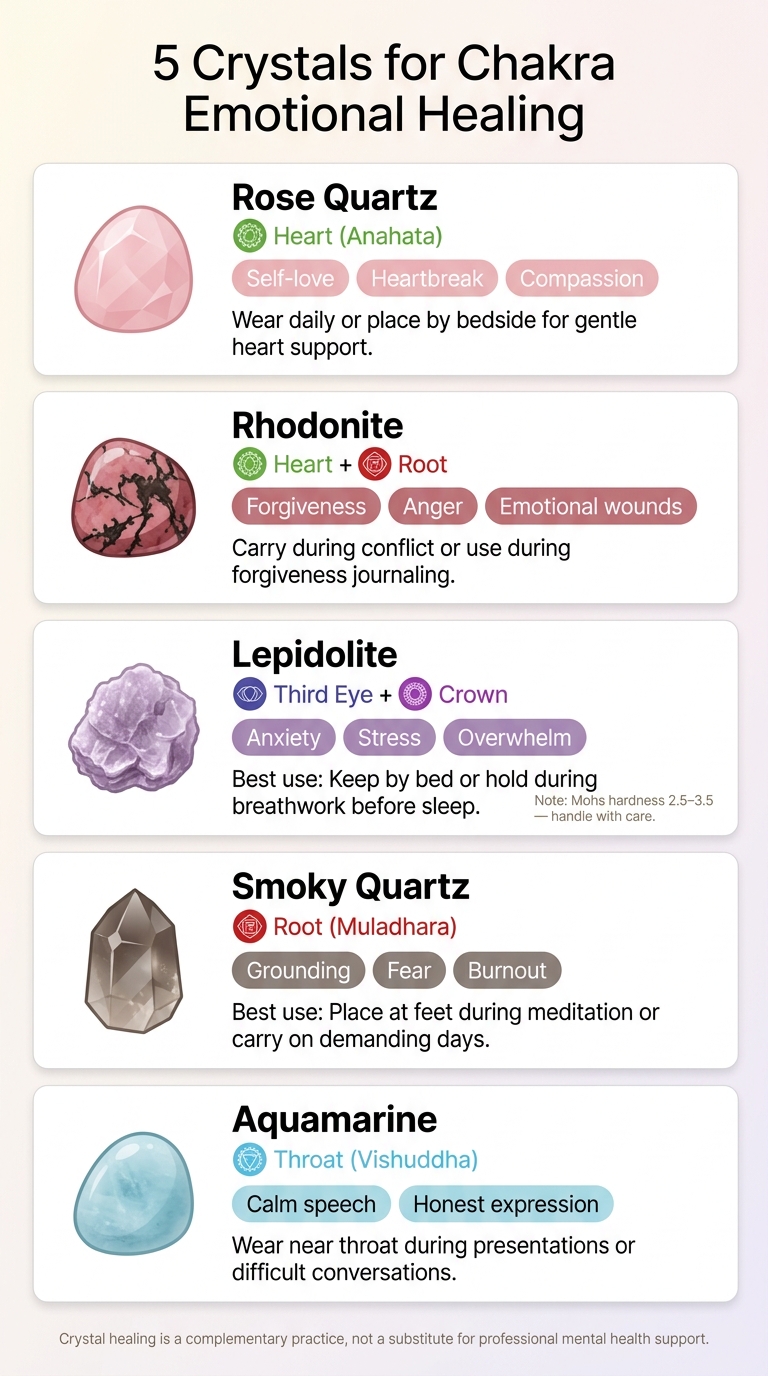5 Crystals for Chakra Emotional Healing: Quick Reference Guide