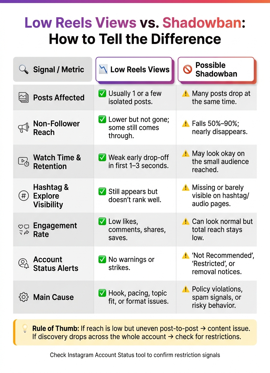Low Reels Views vs Shadowban: Side-by-Side Diagnosis