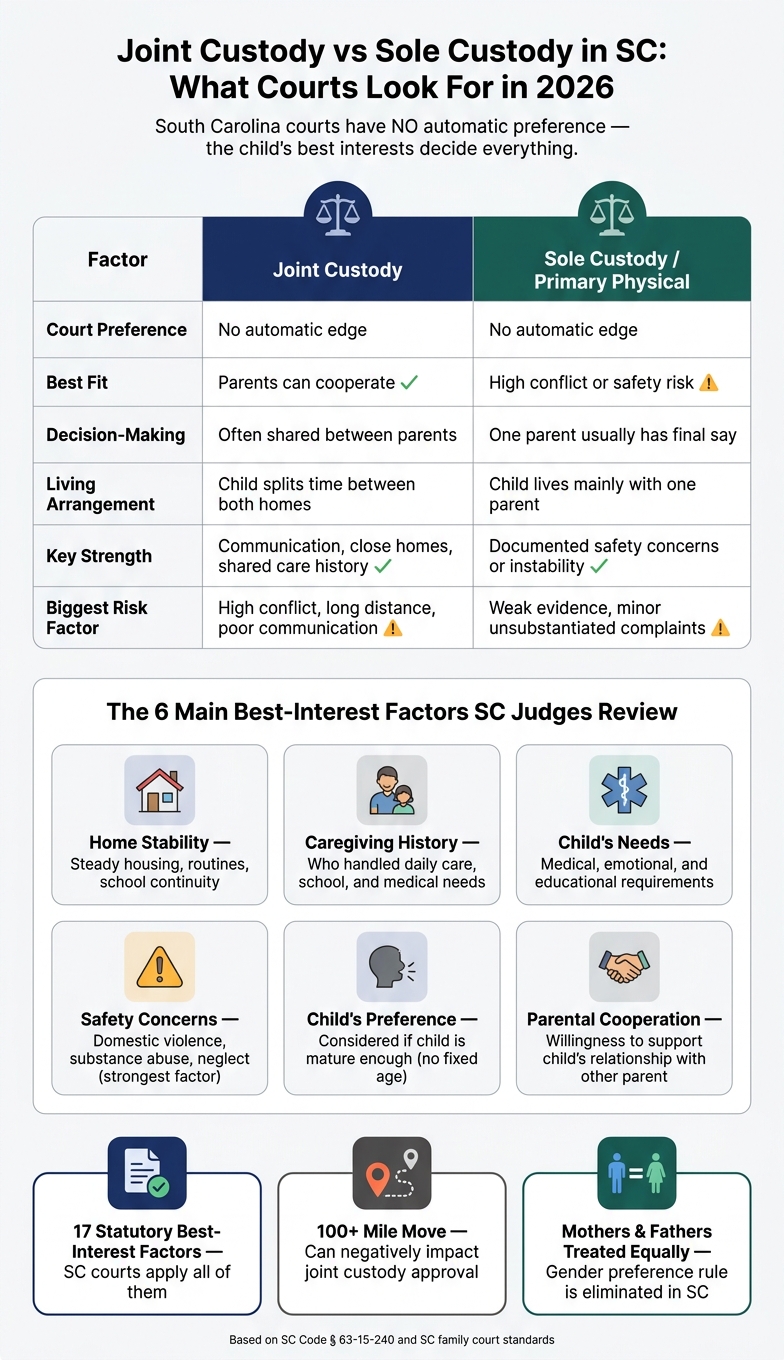 Joint Custody vs Sole Custody in SC: 2026 Court Comparison Guide
