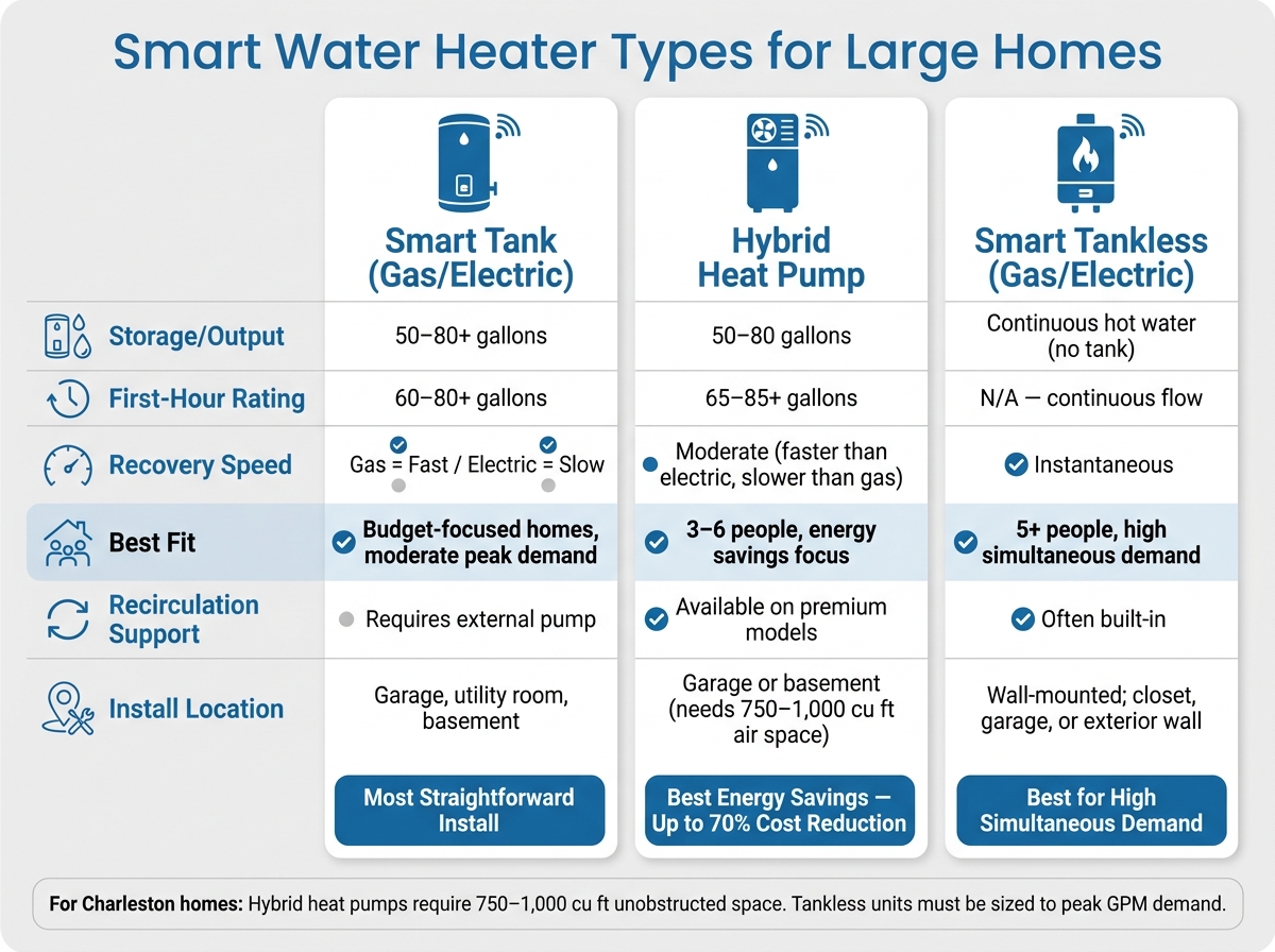 Smart Water Heater Types for Large Homes: Side-by-Side Comparison
