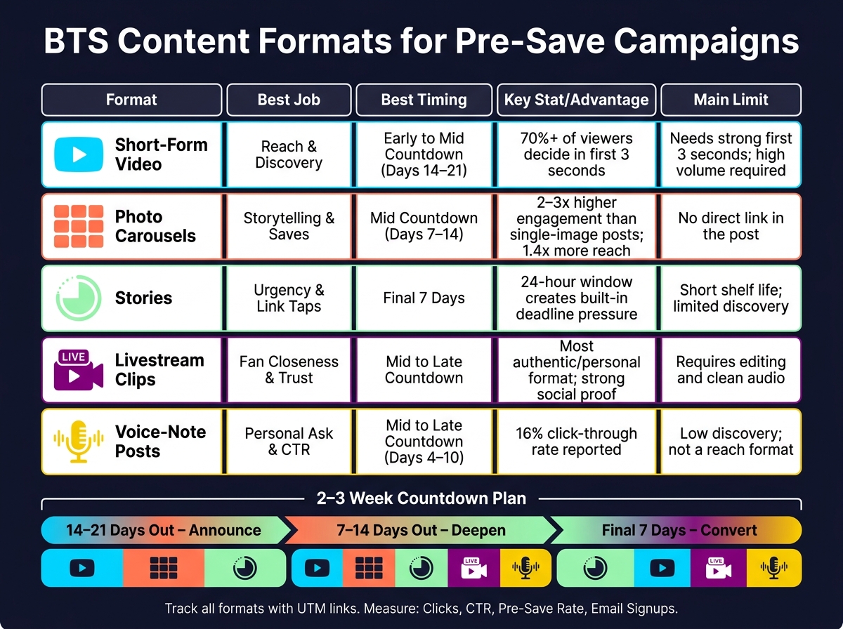BTS Content Formats for Pre-Save Campaigns: Quick Comparison Guide