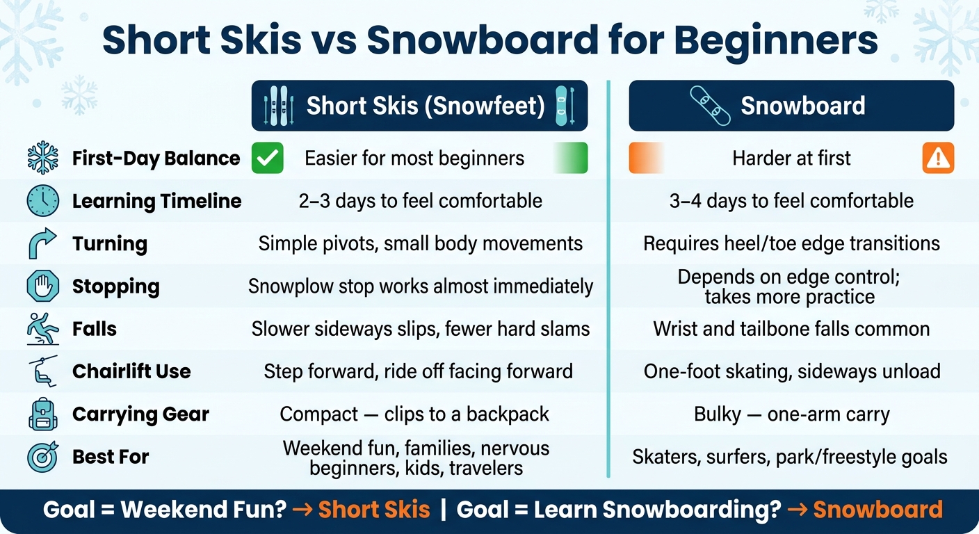 Short Skis vs Snowboard for Beginners: Side-by-Side Comparison