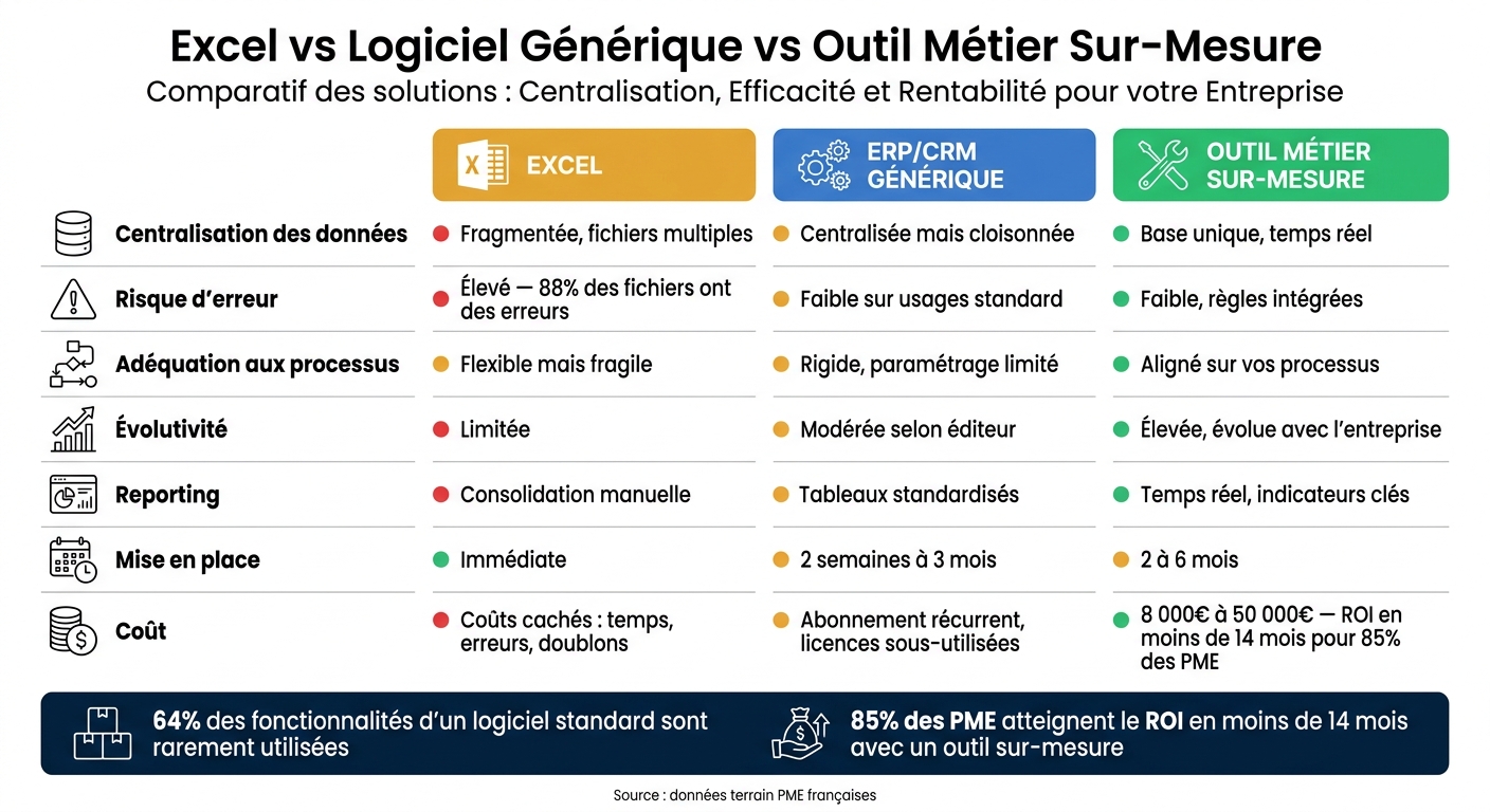 Excel vs Logiciel Générique vs Outil Métier Sur-Mesure : Comparaison Directe