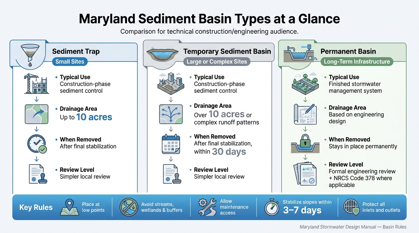 Maryland Sediment Basin Types: Trap vs. Temporary vs. Permanent