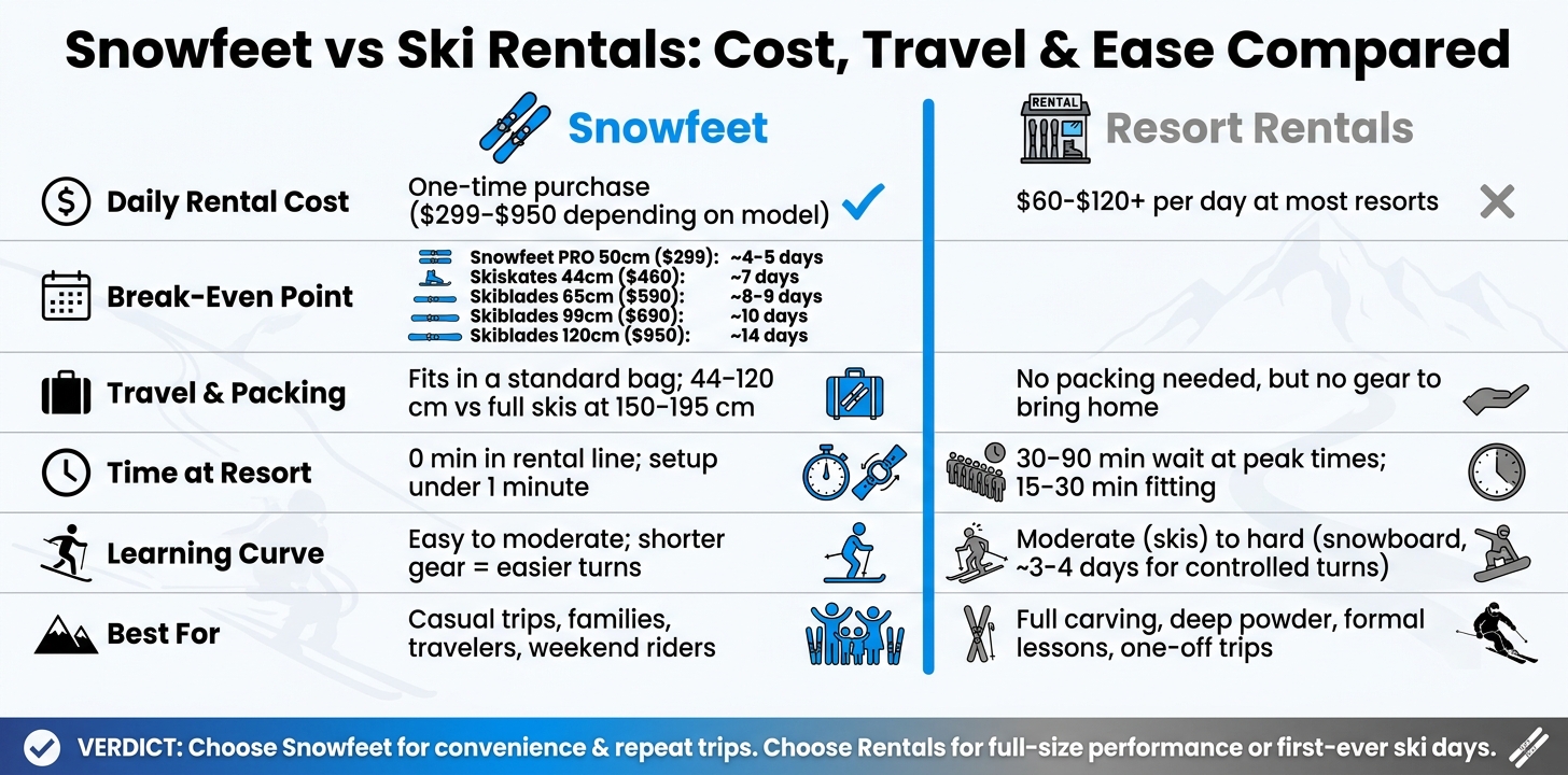 Snowfeet vs Ski Rentals: Cost, Travel & Ease Compared