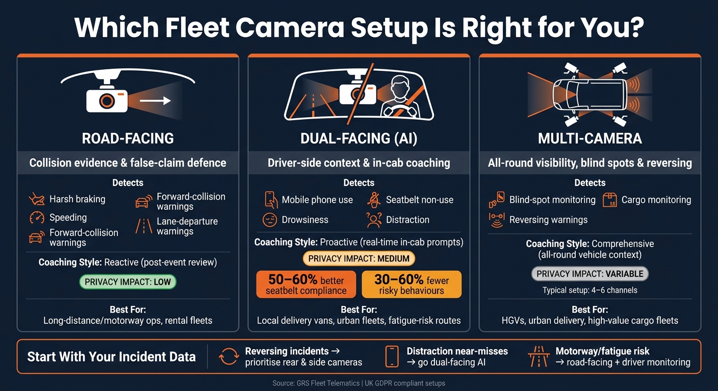 Fleet Camera Types Compared: Road-Facing vs Dual-Facing vs Multi-Camera