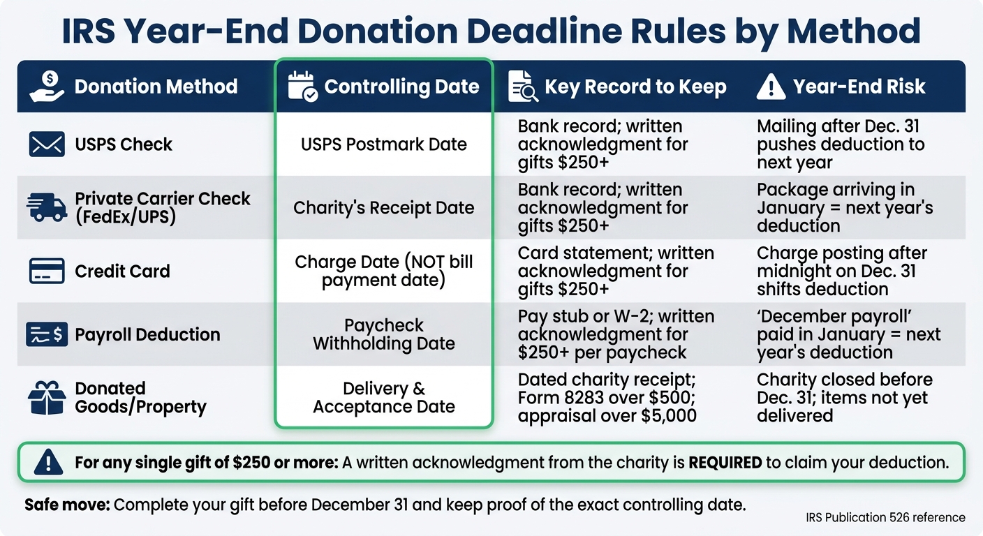 IRS Year-End Donation Deadline Rules by Method