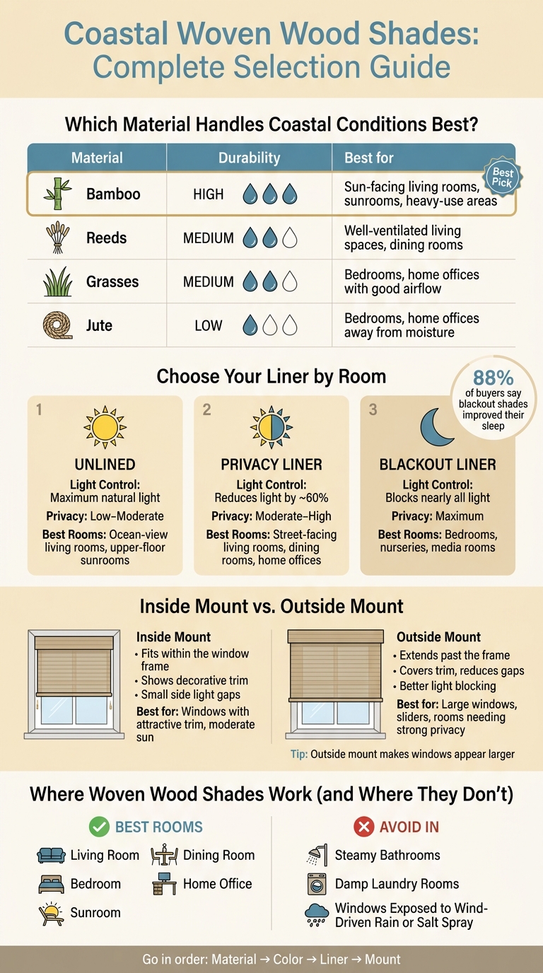 Woven Wood Shades for Coastal Homes: Material, Liner & Mount Guide