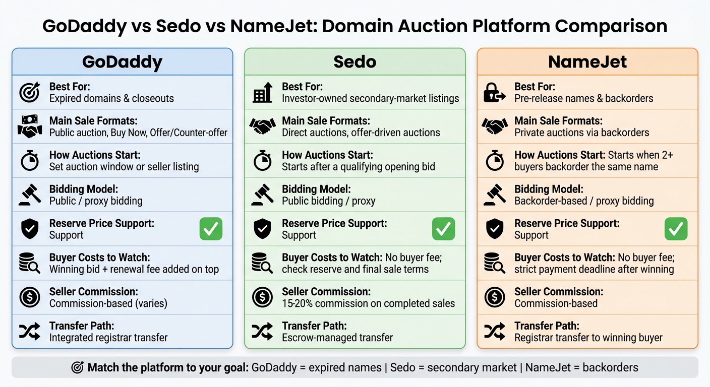 GoDaddy vs Sedo vs NameJet: Domain Auction Platform Comparison