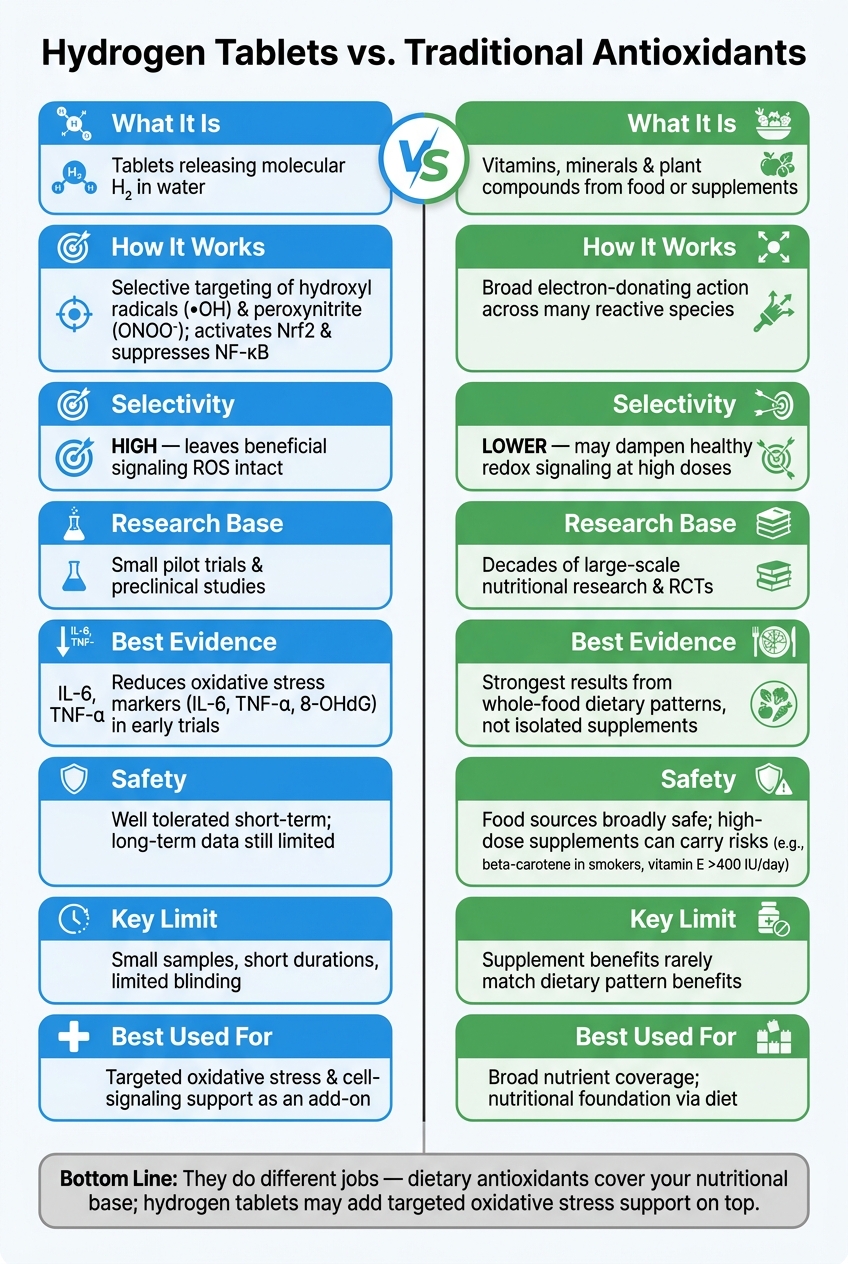 Hydrogen Tablets vs. Traditional Antioxidants: Side-by-Side Comparison