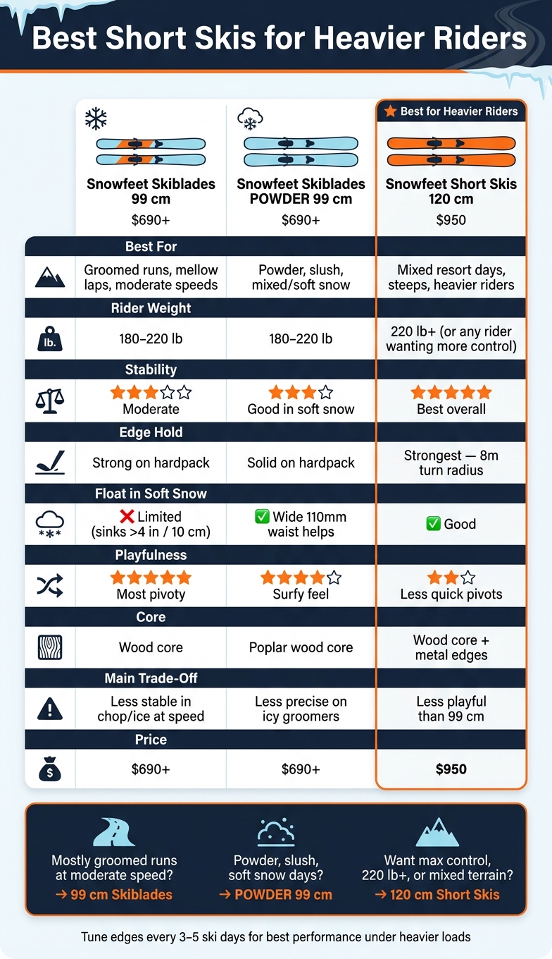 Best Short Skis for Heavier Riders: Side-by-Side Comparison