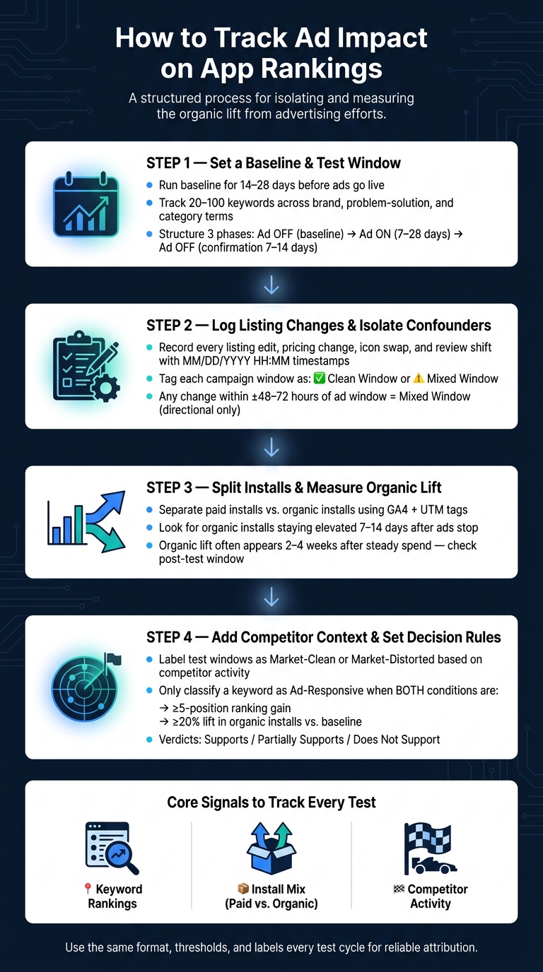 How to Track Ad Impact on App Rankings: 4-Step Framework
