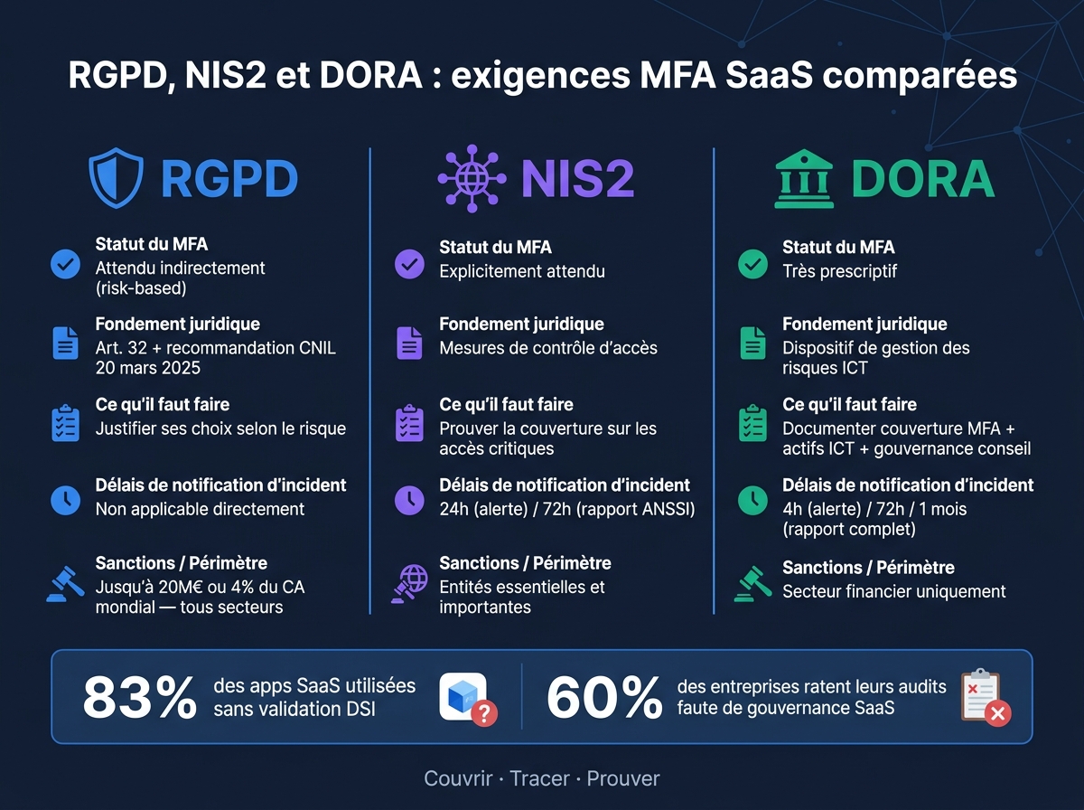 RGPD, NIS2 et DORA : exigences MFA SaaS comparées