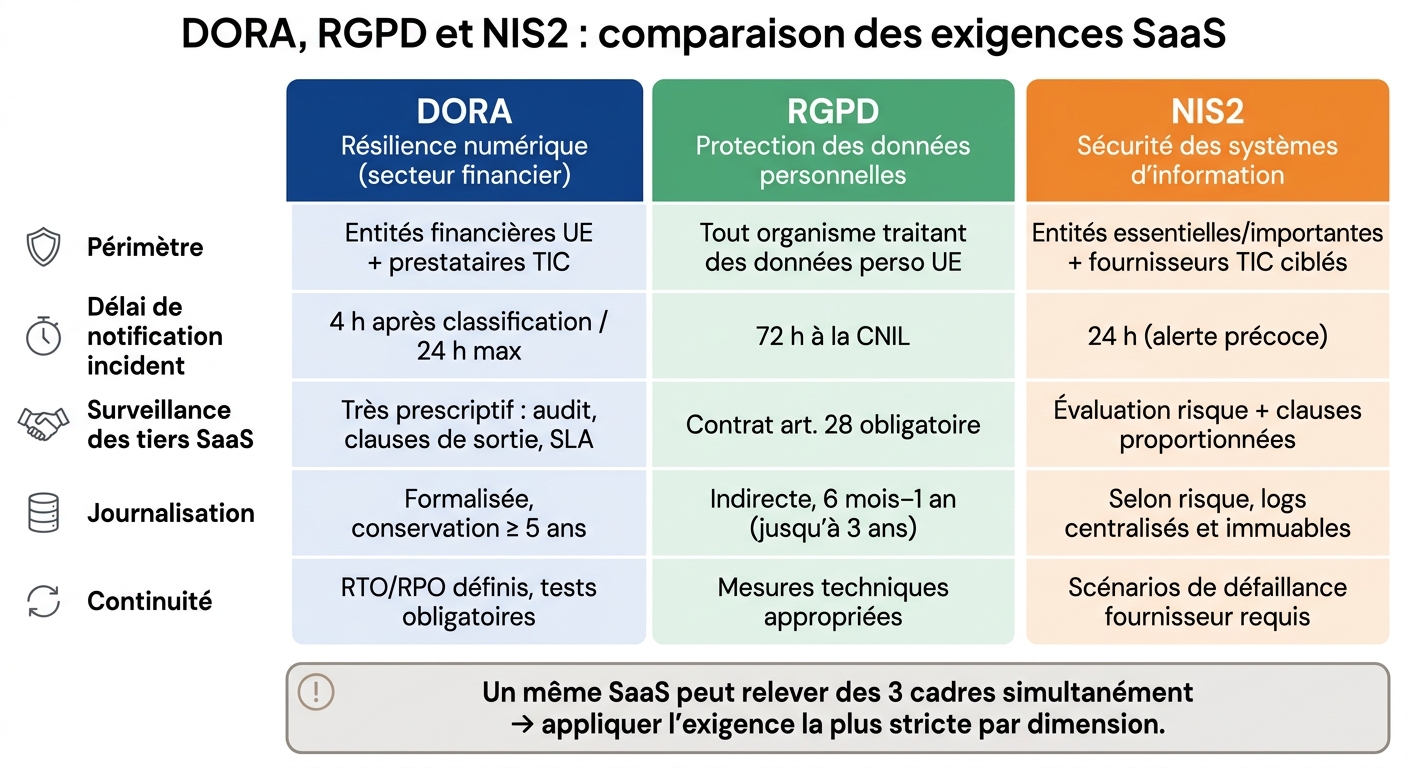 DORA, RGPD et NIS2 : comparaison des exigences SaaS