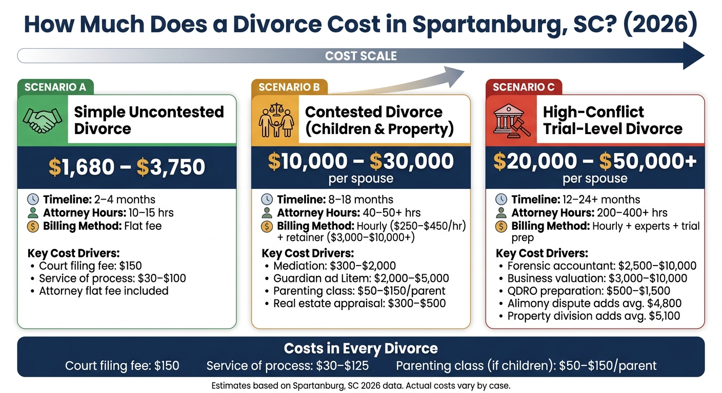 How Much Does a Divorce Cost in Spartanburg, SC? (2026 Lawyer Fee Comparison) 1 Divorce Cost Comparison in Spartanburg, SC (2026)