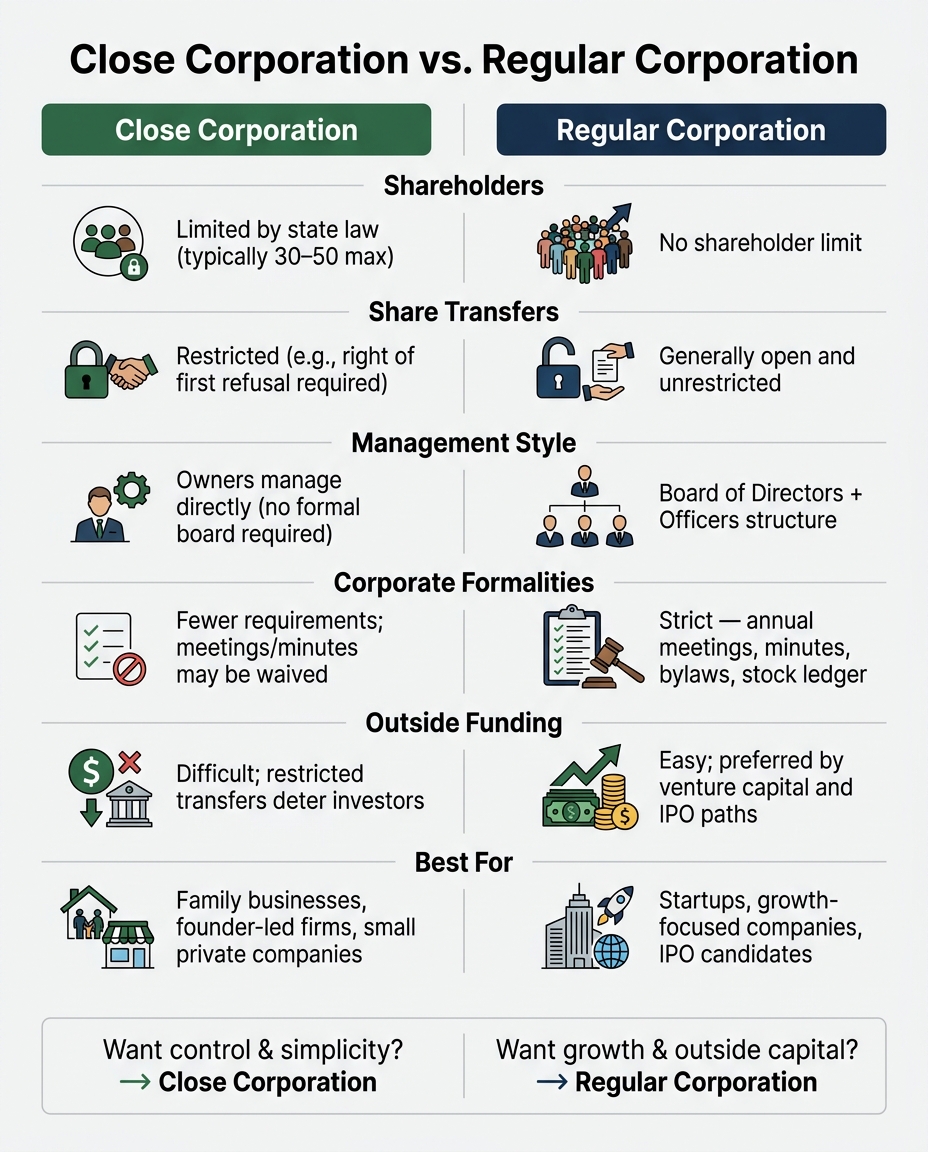 Close Corporation vs Regular Corporation: Side-by-Side Comparison