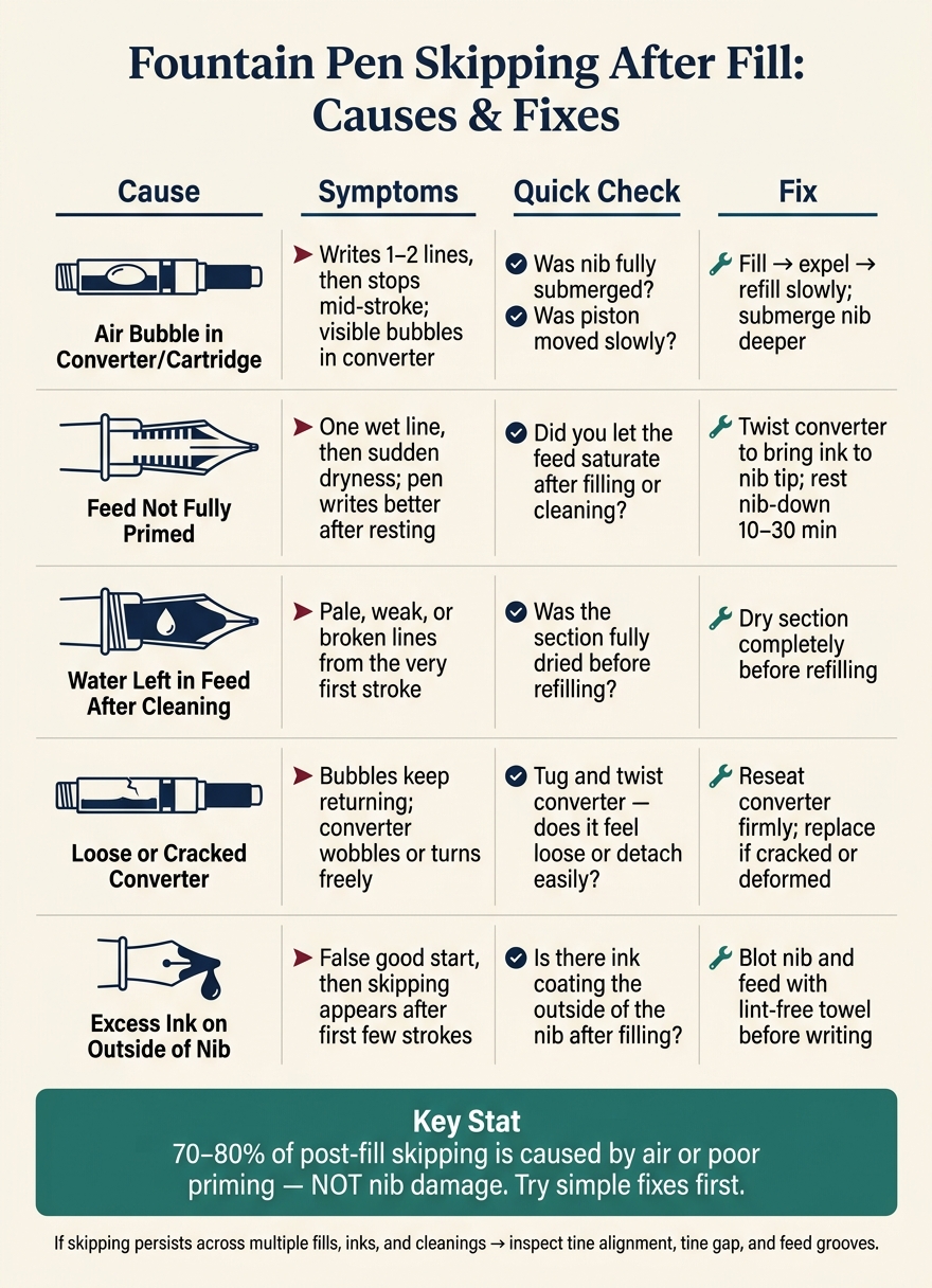 Fountain Pen Post-Fill Skipping: Causes, Symptoms & Fixes