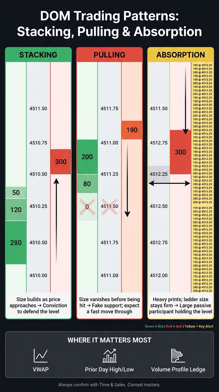 DOM Trading Patterns: Stacking, Pulling & Absorption Explained