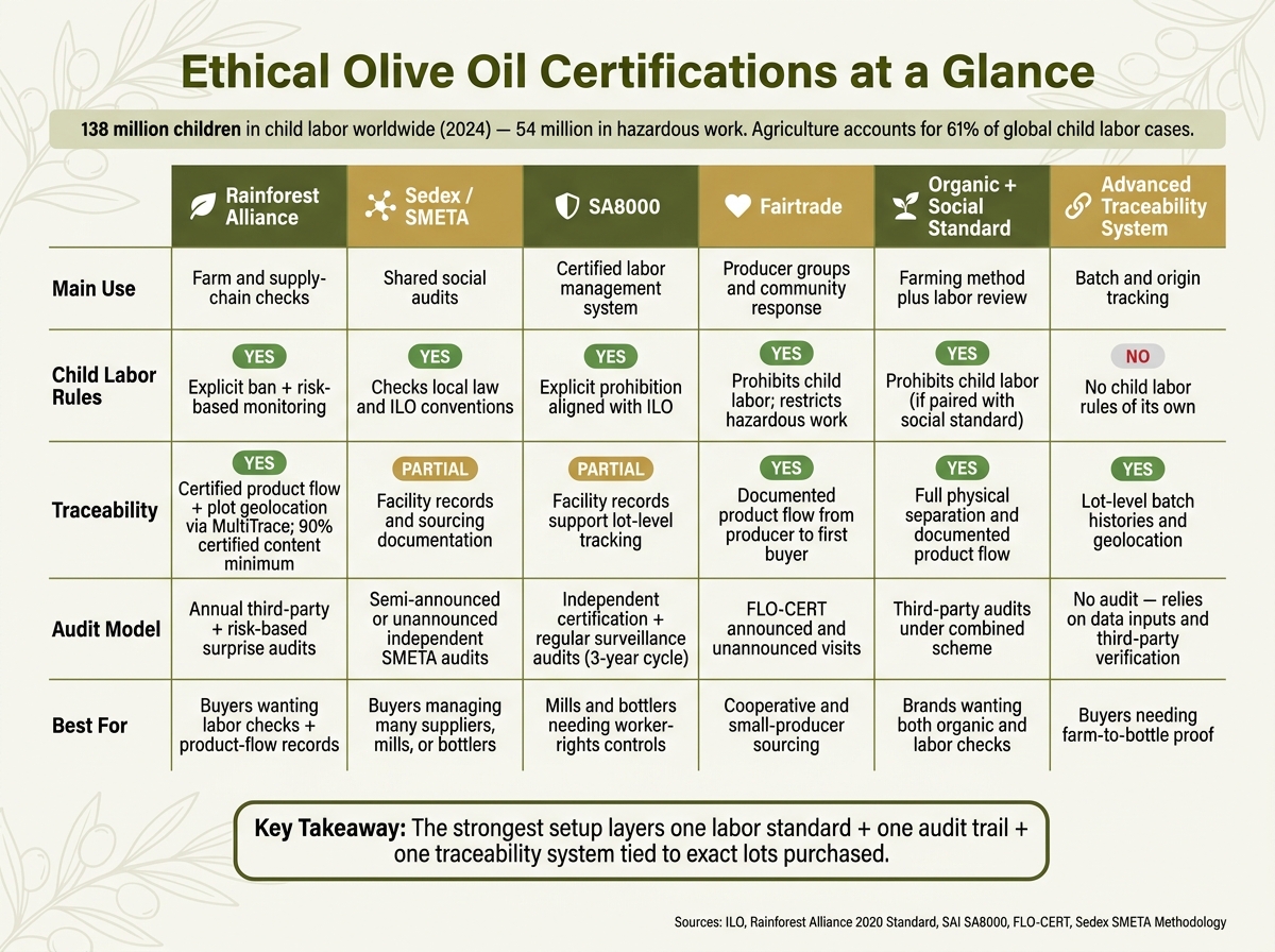 Ethical Olive Oil Certifications Compared: Child Labor, Audits & Traceability