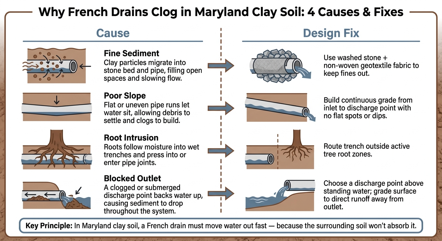Why French Drains Clog in Maryland Clay Soil: 4 Causes & Fixes