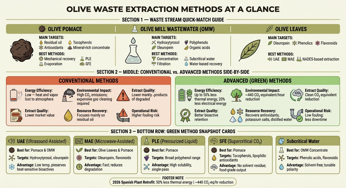 Olive Waste Extraction Methods: Green vs. Conventional Comparison