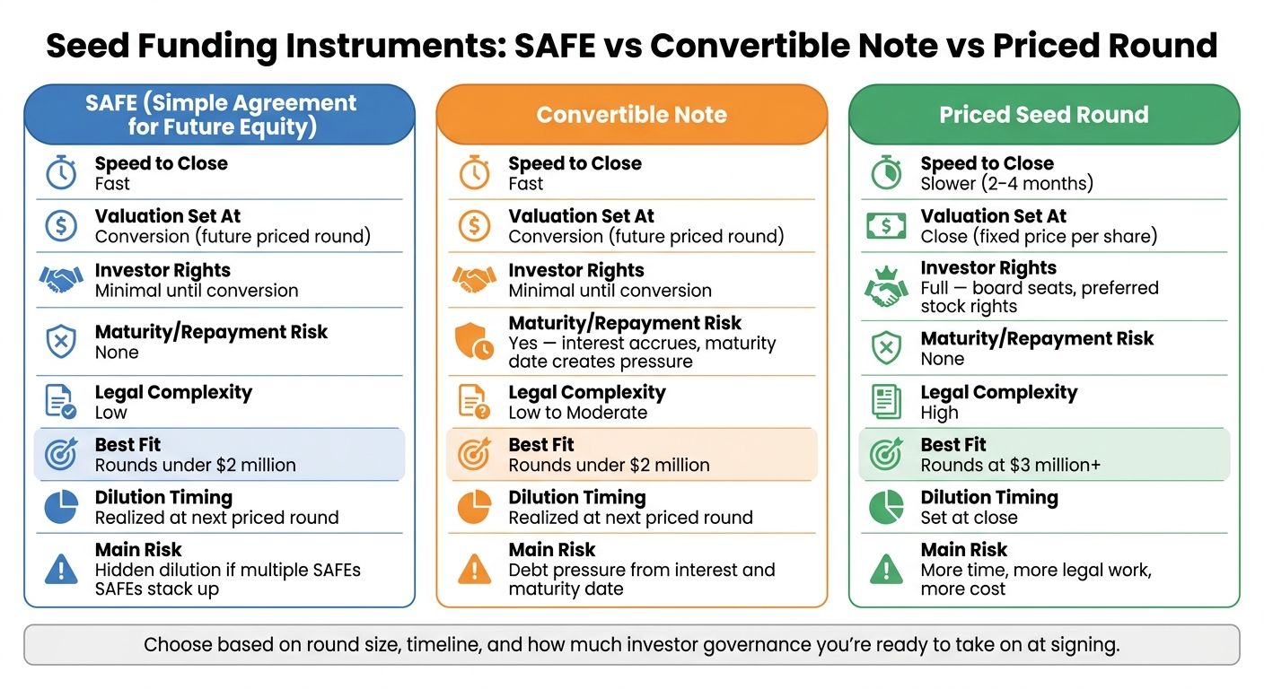 SAFE vs Convertible Note vs Priced Round: Seed Funding Comparison