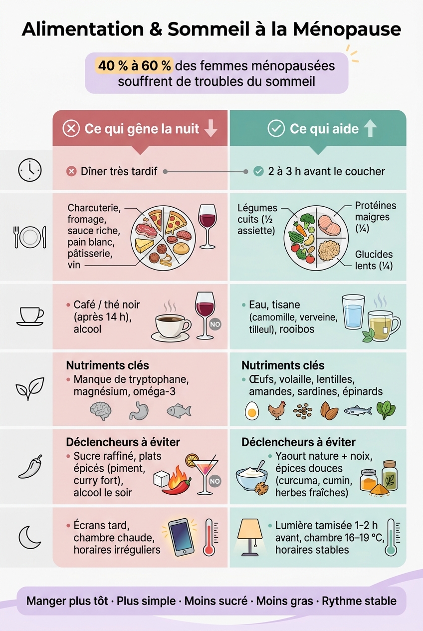Alimentation et sommeil à la ménopause : ce qui aide vs ce qui nuit